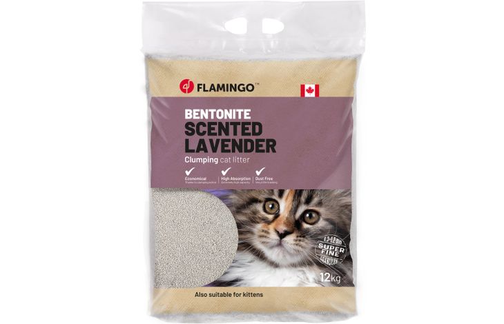 FLAMINGO CAT LITTER BENTONITE CAN LAVENDER SCENT FINE 12KG
