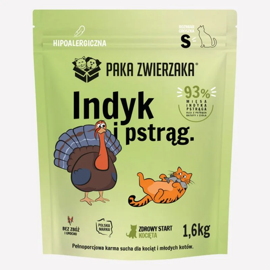 PAKA ZWIERZAKA KITTEN SUCHA KARMA KOT INDYK I PSTRĄG 1,6KG