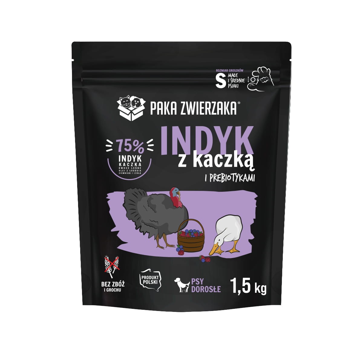 PAKA ZWIERZAKA SUCHA KARMA DLA PSA INDYK Z KACZKĄ S 1,5KG