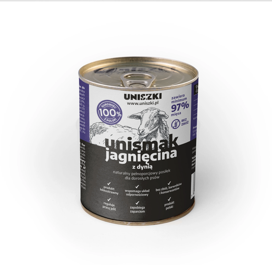 UNISZKI UNISMAK MOKRA KARMA DLA PSA JAGNIĘCINA Z KURCZAKIEM I DYNIĄ 800G