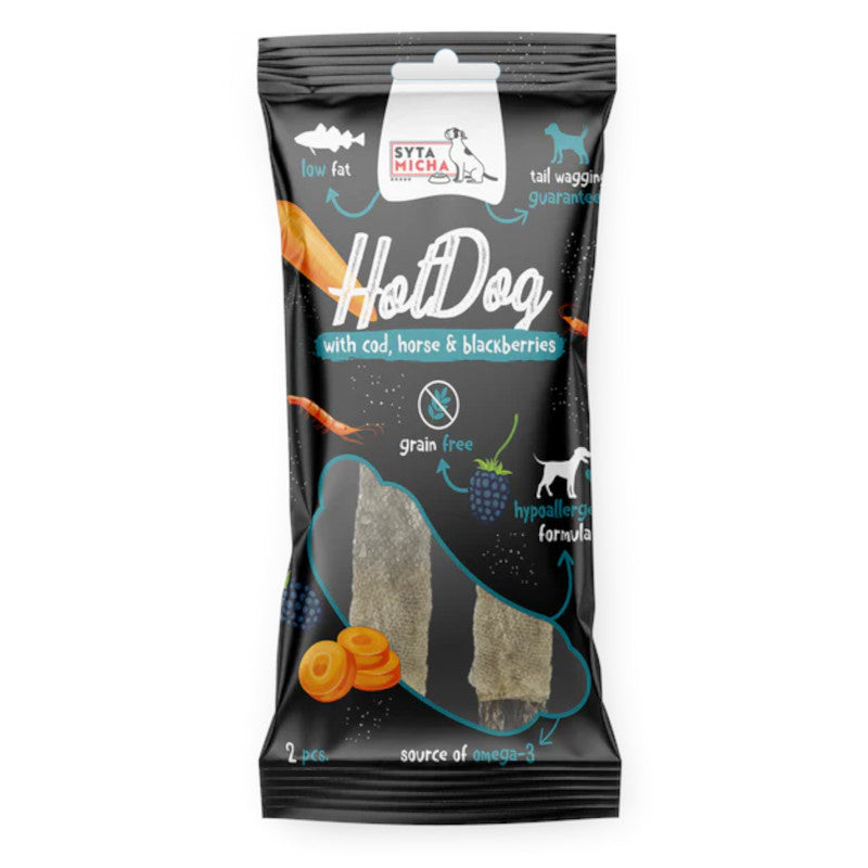 SYTA MICHA HOT DOG GRYZAK DLA PSA KONINA Z JEŻYNAMI W SKÓRZE Z DORSZA 2SZT