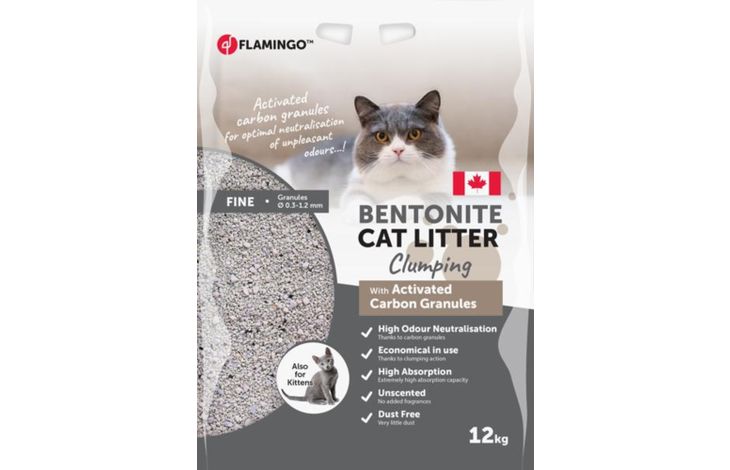 FLAMINGO CAT LITTER BENTONITE CAN NATURE + ACTIVATED CARBON GRANULES FINE 12KG