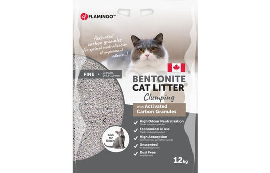 FLAMINGO CAT LITTER BENTONITE CAN NATURE + ACTIVATED CARBON GRANULES FINE 12KG