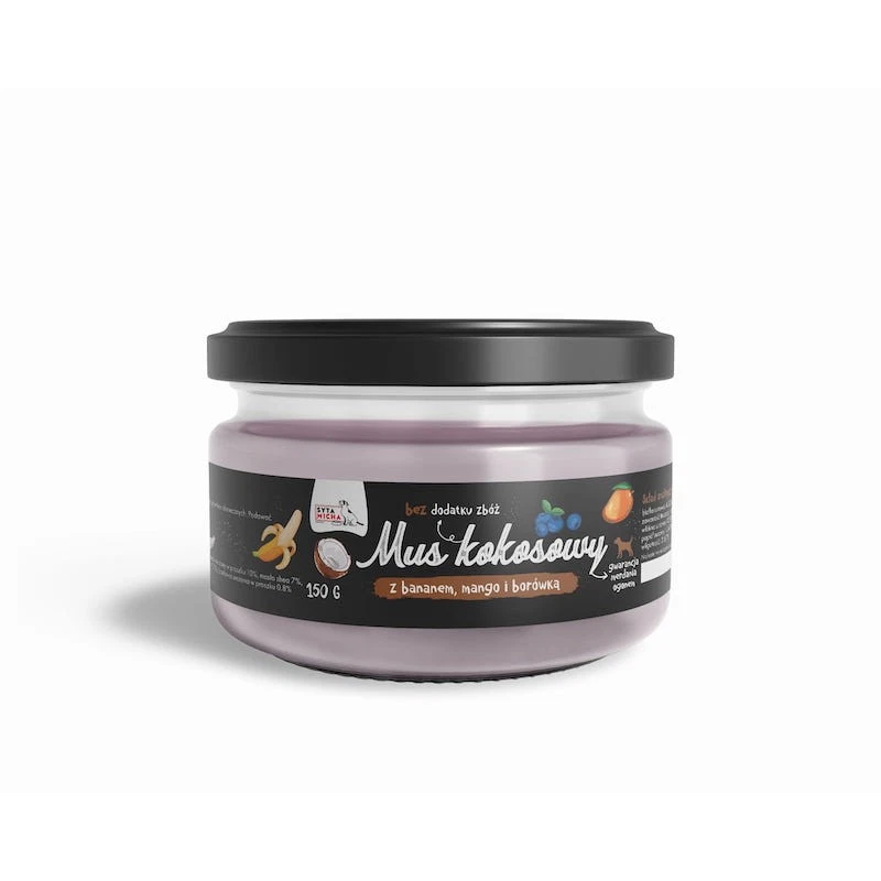 SYTA MICHA MUS KOKOSOWY Z BANANEM, MANGO I BORÓWKĄ DLA PSA 150G