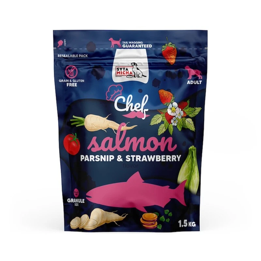 SYTA MICHA CHEF SUCHA KARMA DLA PSA ŁOSOŚ, PASTERNAK, TRUSKAWKI 1,5KG