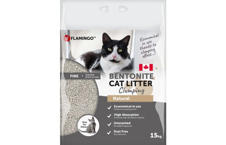 FLAMINGO CAT LITTER BENTONITE CAN NATURAL FINE 15KG