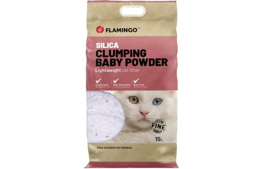 FLAMINGO CAT LITTER SILICA FINE CLUMPING BABY POWDER 15L