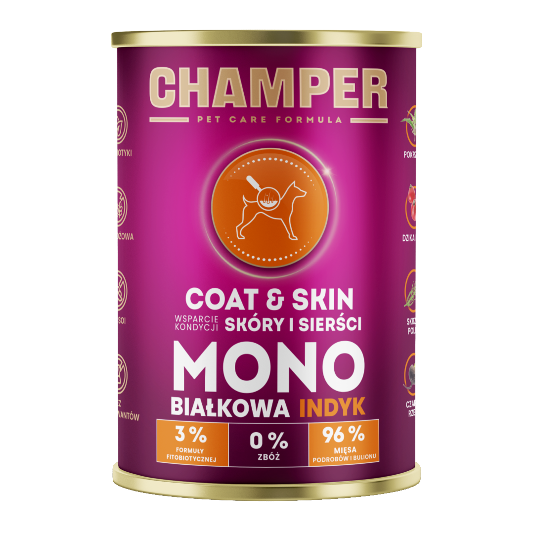 CHAMPER MOKRA KARMA DLA PSA COAT&SKIN MONOBIAŁKOWA INDYK 400G