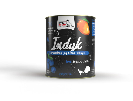 SYTA MICHA MOKRA KARMA DLA PSA INDYK Z PRZEPIÓRKĄ, JAGODAMI I MANGO 800G