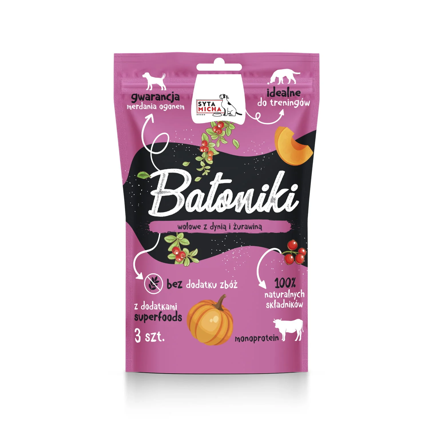 SYTA MICHA BATONIKI PRZYSMAKI DLA PSA WOŁOWE Z DYNIĄ I ŻURAWINĄ 3 SZT