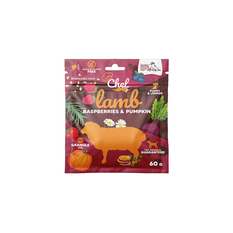 SYTA MICHA CHEF JUNIOR SUCHA KARMA DLA PSA JAGNIĘCINA, MALINY, DYNIA 60G