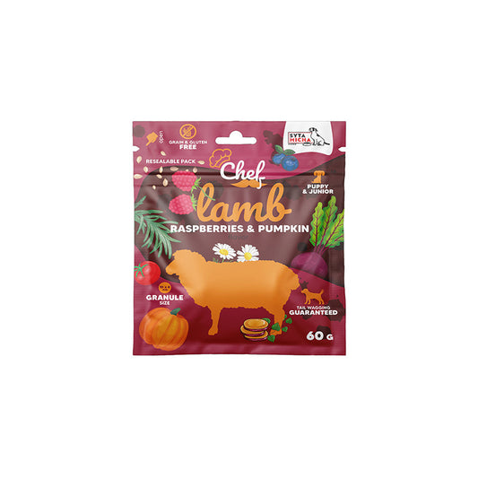 SYTA MICHA CHEF JUNIOR SUCHA KARMA DLA PSA JAGNIĘCINA, MALINY, DYNIA 60G