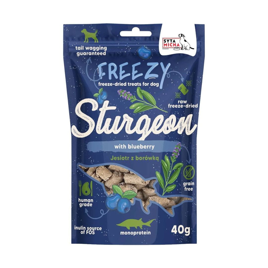 SYTA MICHA FREEZY PRZYSMAKI DLA PSA LIO JESIOTR Z BORÓWKĄ I SUSZONĄ SZAŁWIĄ 40G