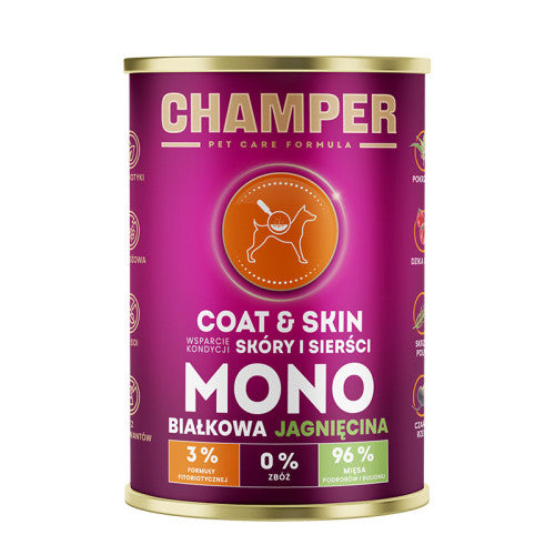 CHAMPER MOKRA KARMA DLA PSA COAT&SKIN MONOBIAŁKOWA JAGNIĘCINA 400G