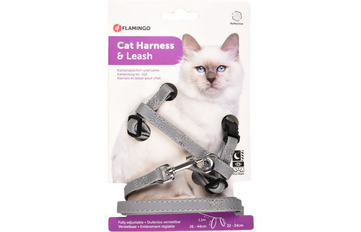FLAMINGO CAT HARNESS WITH LEASH GREY 22-34CM 26-44CM 110CM 10MM