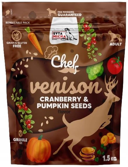 SYTA MICHA CHEF SUCHA KARMA DLA PSA DZICZYZNA, ŻURAWINA, PESTKI DYNI 1,5KG