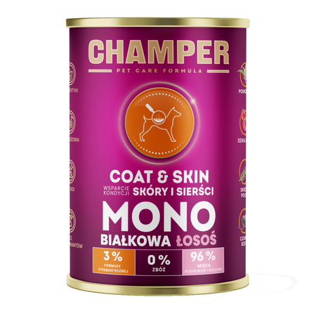 CHAMPER MOKRA KARMA DLA PSA COAT&SKIN MONOBIAŁKOWA ŁOSOŚ 400G