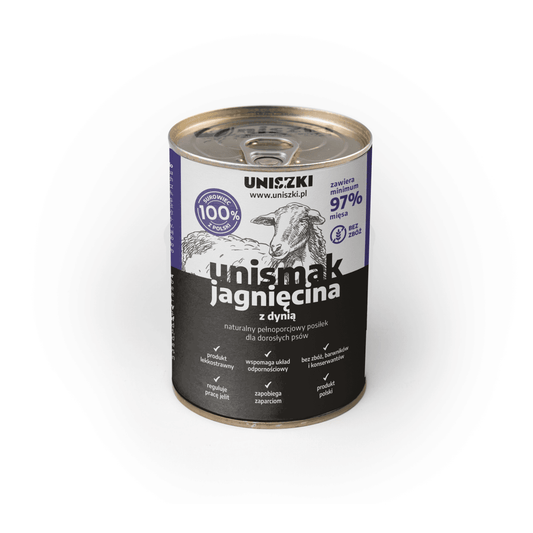 UNISZKI UNISMAK MOKRA KARMA DLA PSA JAGNIĘCINA Z KURCZAKIEM I DYNIĄ 410G