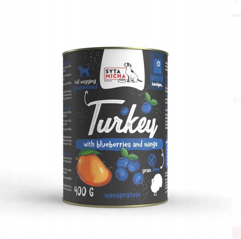 SYTA MICHA MOKRA KARMA DLA PSA INDYK Z PRZEPIÓRKĄ, JAGODAMI I MANGO 400G