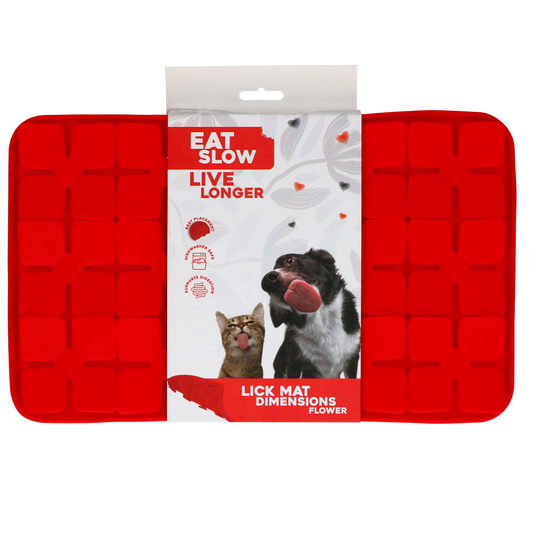 EAT SLOW LIVE LONGER LICK MAT DIMENSIONS FLOWER RED