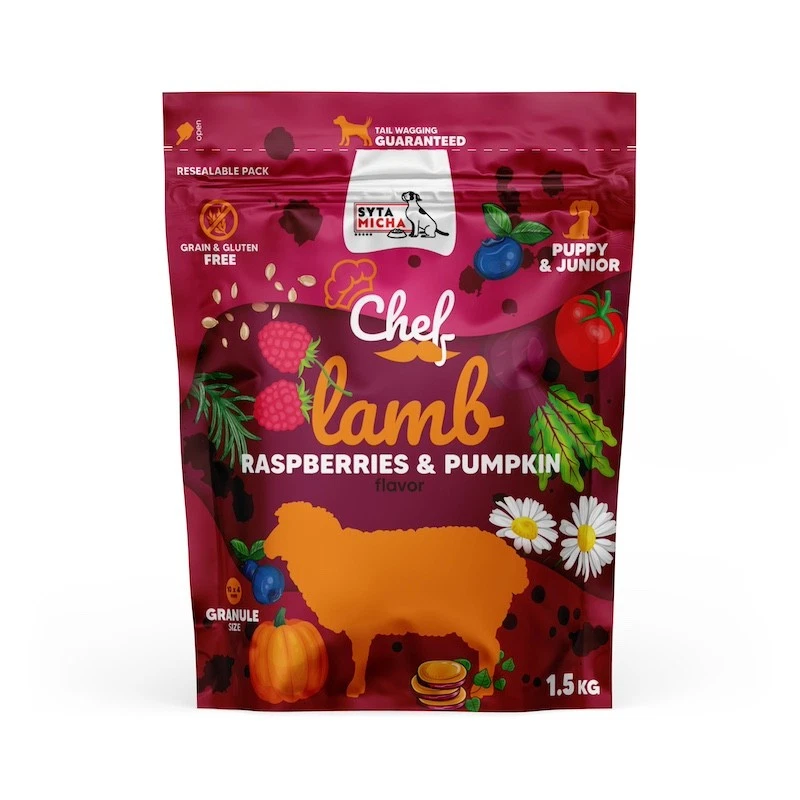 SYTA MICHA CHEF JUNIOR SUCHA KARMA DLA PSA JAGNIĘCINA, MALINY, DYNIA 1,5KG