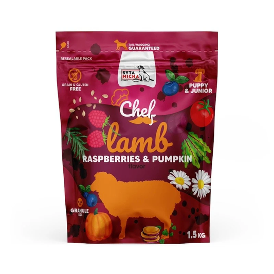 SYTA MICHA CHEF JUNIOR SUCHA KARMA DLA PSA JAGNIĘCINA, MALINY, DYNIA 1,5KG