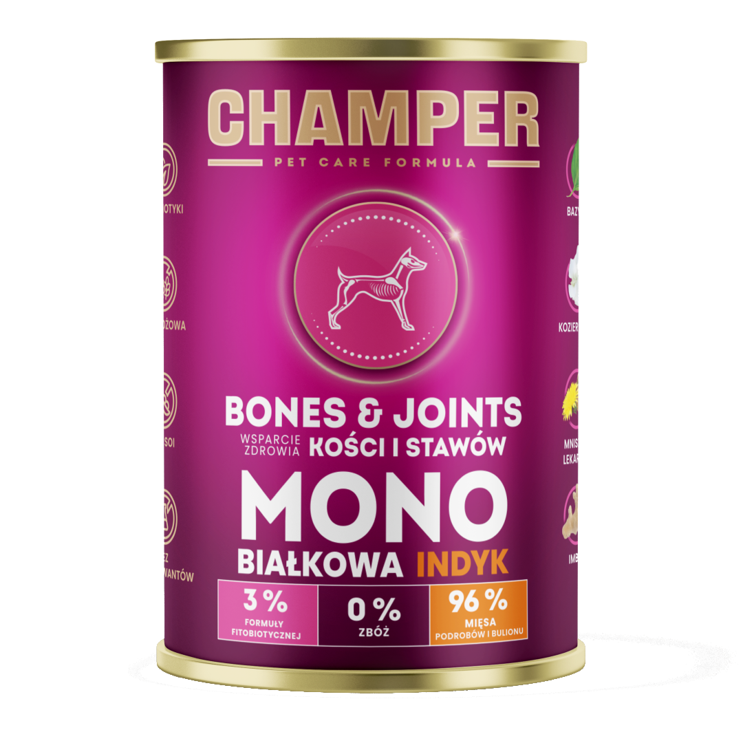 CHAMPER MOKRA KARMA DLA PSA BONES&JOINTS MONOBIAŁKOWA INDYK 400G