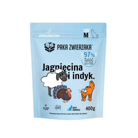 PAKA ZWIERZAKA SUCHA KARMA KOT JAGNIĘCINA I INDYK M 400G