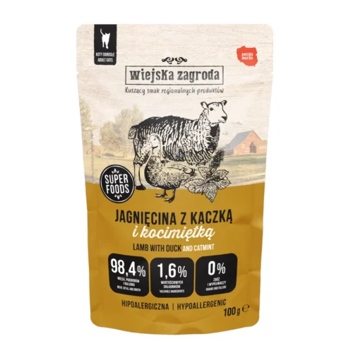 WIEJSKA ZAGRODA KARMA MOKRA DLA KOTA JAGNIĘCINA Z KACZKĄ I KOCIMIĘTKĄ (DOROSŁY) 100G