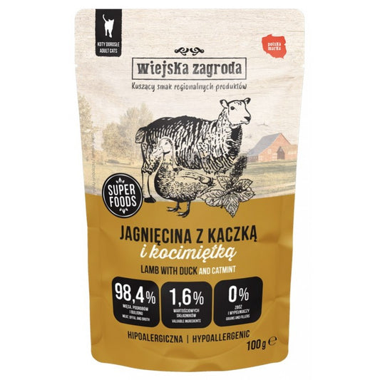 WIEJSKA ZAGRODA MOKRA KARMA DLA KOTA SASZETKA JAGNIĘCINA Z KACZKĄ 100G