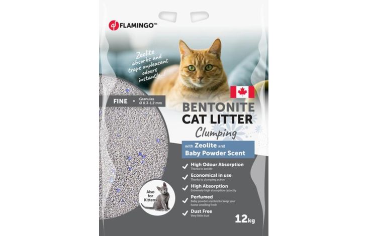 FLAMINGO CAT LITTER BENTONITE CAN BABY POWDER SCENT + BLUE ZEOLITE FINE 12KG