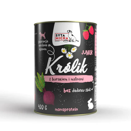SYTA MICHA JUNIOR MOKRA KARMA DLA PSA KRÓLIK Z BURAKIEM I MALINAMI 400G
