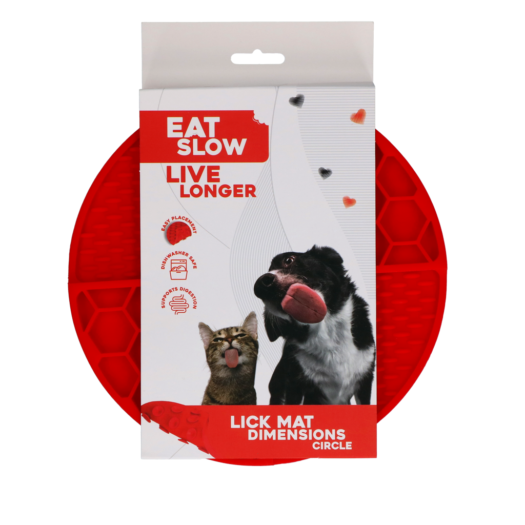 EAT SLOW LIVE LONGER LICK MAT DIMENSIONS CIRCLE  RED