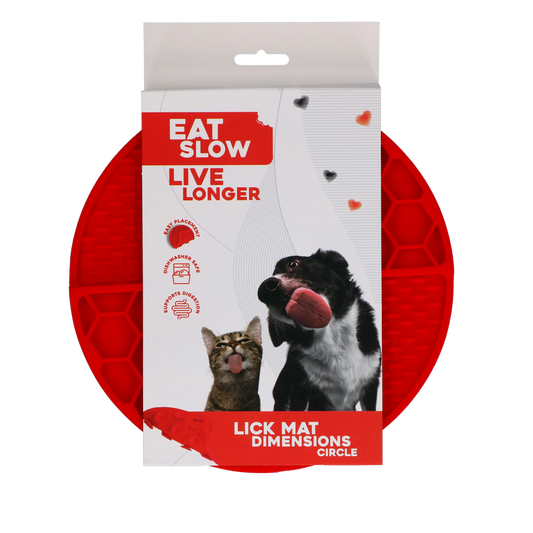 EAT SLOW LIVE LONGER LICK MAT DIMENSIONS CIRCLE  RED
