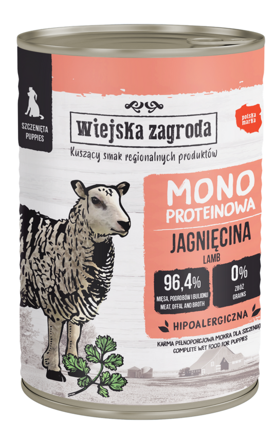WIEJSKA ZAGRODA KARMA MOKRA DLA PSA MONOBIAŁKOWA JAGNIĘCINA (SZCZENIAK) 400G