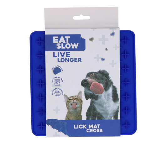 EAT SLOW LIVE LONGER LICK MAT CROSS BLAUW