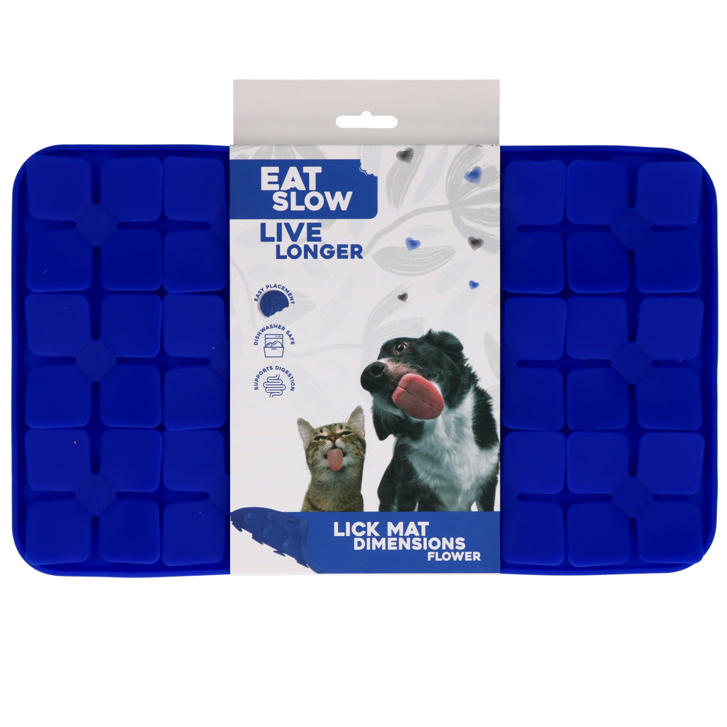 EAT SLOW LIVE LONGER LICK MAT DIMENSIONS FLOWER BLUE