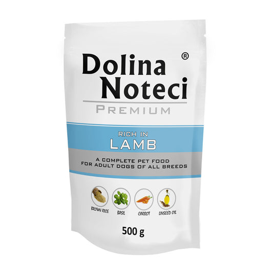 DOLINA NOTECI PREMIUM MOKRA KARMA DLA PSA BOGATA W JAGNIĘCINĘ 500G