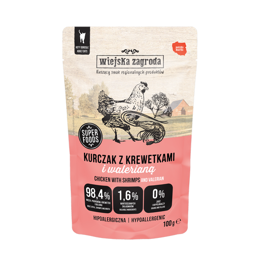 WIEJSKA ZAGRODA KARMA MOKRA DLA KOTA KURCZAK Z KREWETKAMI I WALERIANĄ (DOROSŁY) 100G