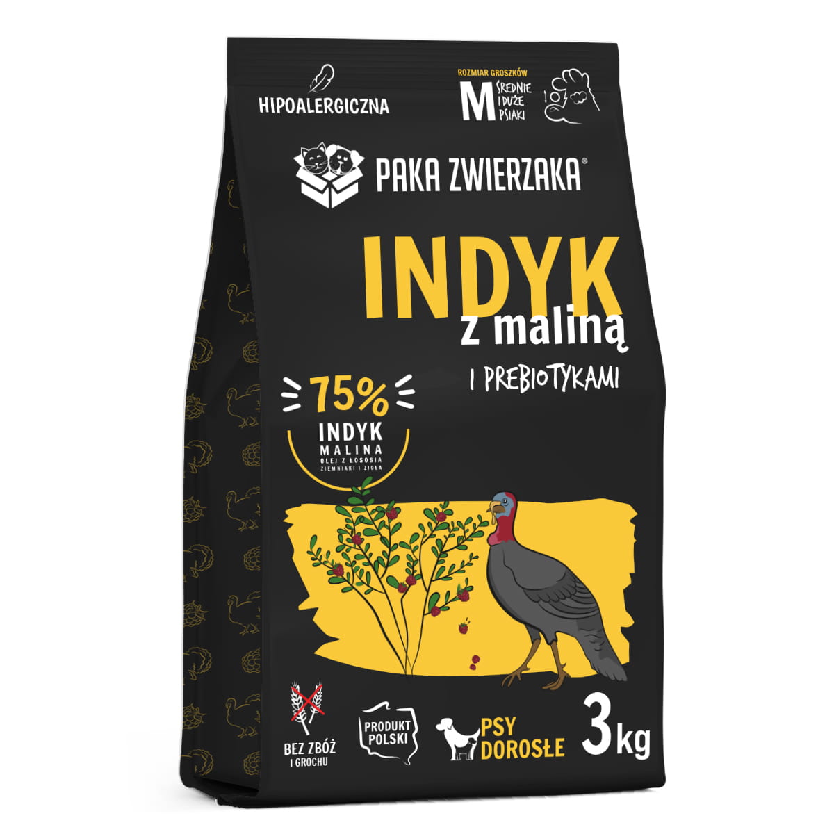 PAKA ZWIERZAKA SUCHA KARMA DLA PSA INDYK Z MALINĄ M 3 KG