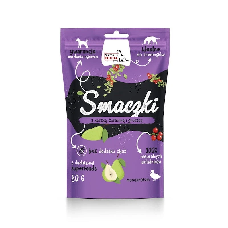 SYTA MICHA SMACZKI PRZYSMAKI DLA PSA Z KACZKĄ, ŻURAWINĄ I GRUSZKĄ 80G