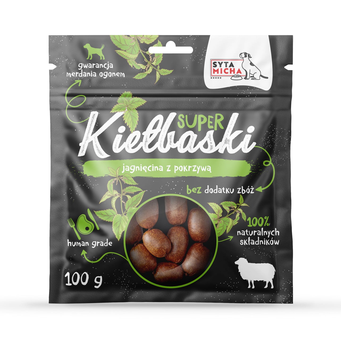 SYTA MICHA SUPER KIEŁBASKI PRZYSMAKI DLA PSA Z JAGNIĘCINĄ I POKRZYWĄ 100G