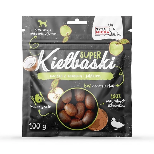 SYTA MICHA SUPER KIEŁBASKI PRZYSMAKI DLA PSA Z KACZKĄ, KOKOSEM I JABŁKIEM 100G