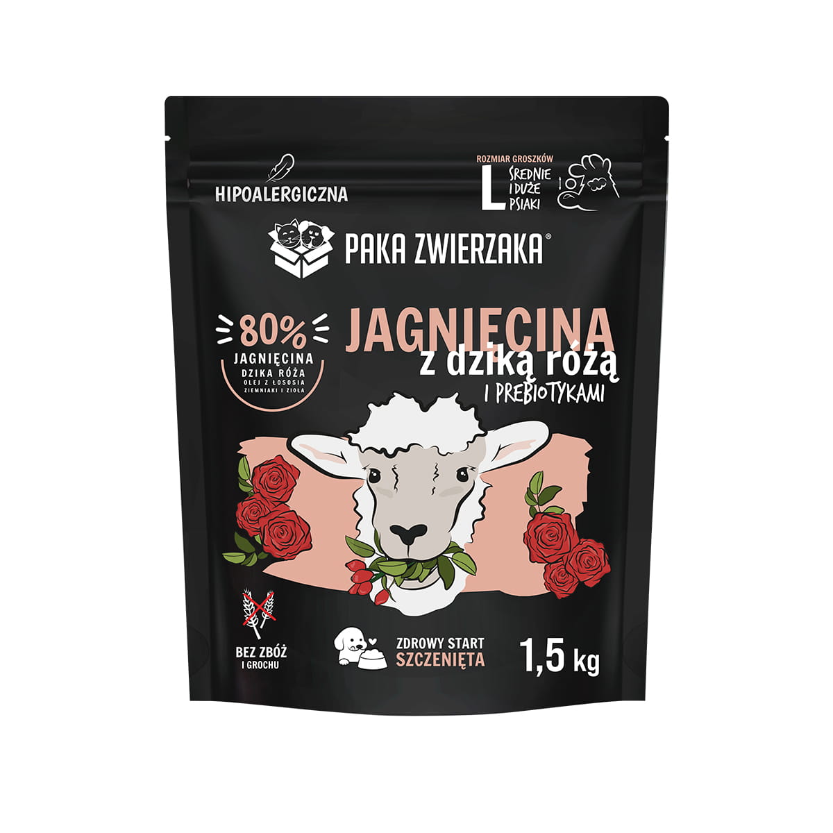 PAKA ZWIERZAKA JUNIOR SUCHA KARMA DLA PSA JAGNIĘCINA Z DZIKĄ RÓŻĄ L 1,5KG