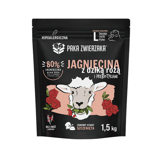 PAKA ZWIERZAKA JUNIOR SUCHA KARMA DLA PSA JAGNIĘCINA Z DZIKĄ RÓŻĄ L 1,5KG