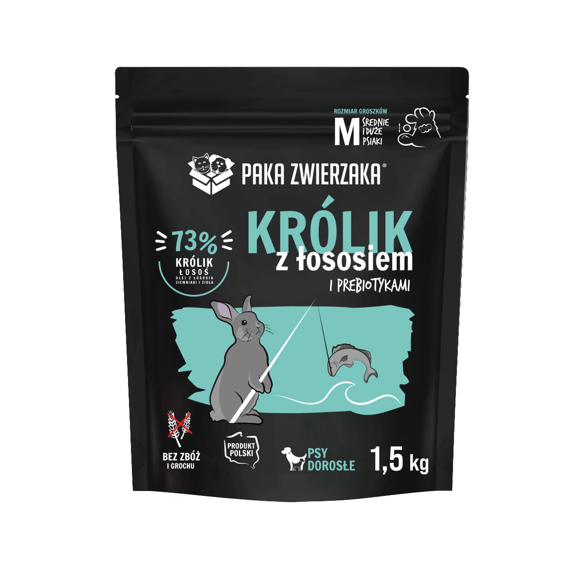 PAKA ZWIERZAKA SUCHA KARMA DLA PSA KRÓLIK Z ŁOSOSIEM M 1,5KG