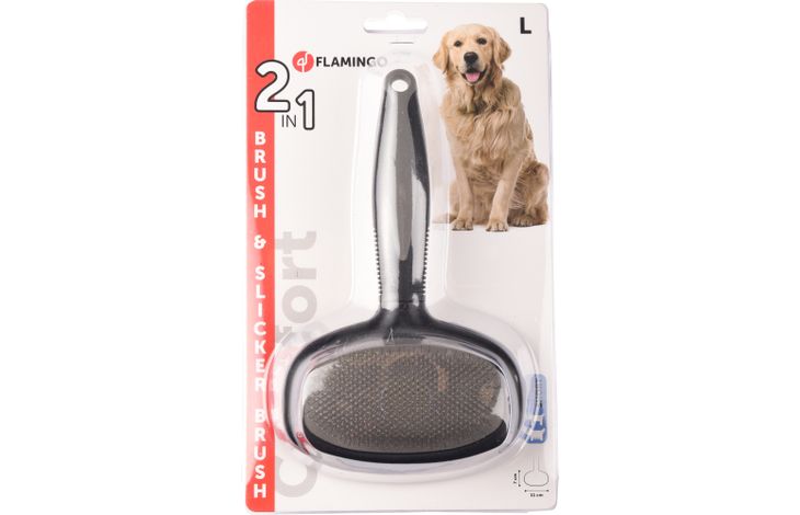 FLAMINGO BRISTLE & SLICKER BRUSH 2IN 1 L COMFORT