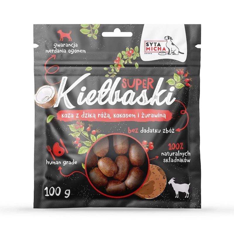 SYTA MICHA SUPER KIEŁBASKI PRZYSMAKI DLA PSA Z KOZĄ, DZIKĄ RÓŻĄ I KOKOSEM 100G