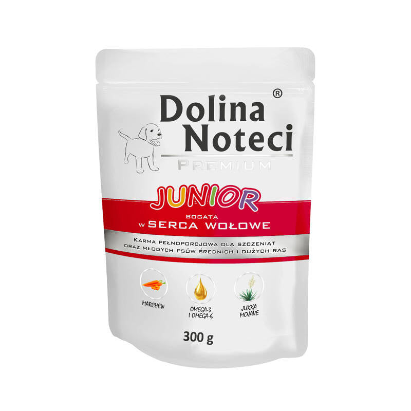 DOLINA NOTECI PREMIUM JUNIOR MOKRA KARMA DLA PSA BOGATA W SERCA WOŁOWE 300G