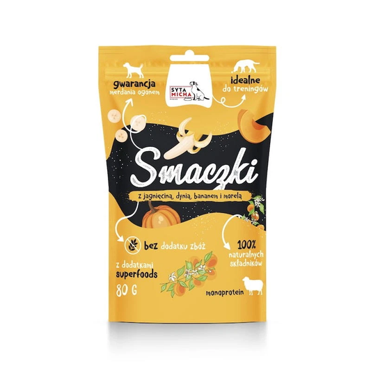 SYTA MICHA SMACZKI PRZYSMAKI DLA PSA Z JAGNIĘCINĄ, DYNIĄ, BANANEM I MORELĄ 80G